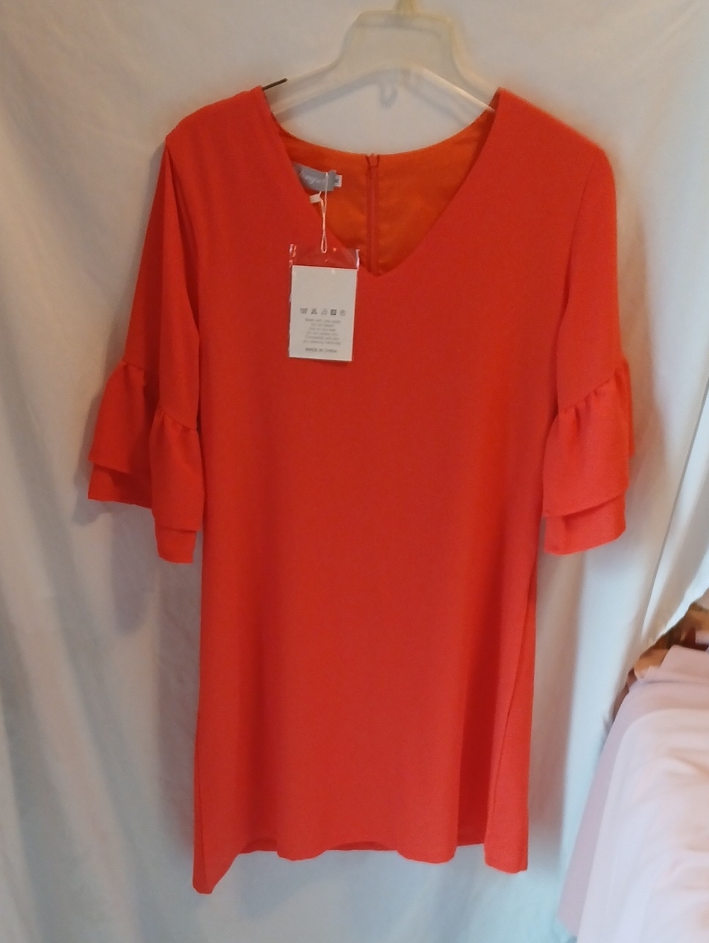 Belongsci Women's Coral Ruffle Bell Flare Sleeve Shift Dress Dress